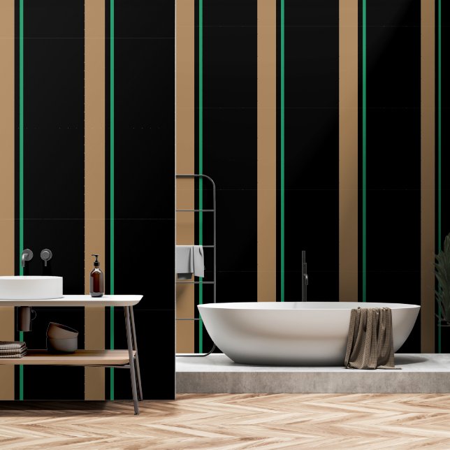 Taupe + Green  Vertical Stripe Black   Wallpaper (Bathroom)