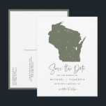 Taupe Green Wisconsin Map QR Code Save the Date Announcement Postcard<br><div class="desc">Celebrate your love with this QR Code Save the Date Postcard, featuring a stylish silhouette of the Wisconsin state map. Ideal for couples hosting a wedding in the beautiful state of Wisconsin—whether in charming cities like Milwaukee, Madison, or in a rustic lakeside or countryside setting—this postcard is the perfect way...</div>