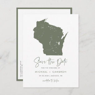 Taupe Green Wisconsin Map QR Code Save the Date Announcement Postcard