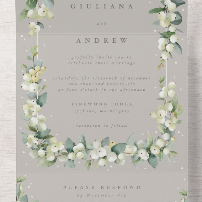 Taupe/Greige Snowberry+Eucalyptus Winter Wedding All In One Invitation (Inside Middle)