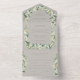 Taupe/Greige Snowberry+Eucalyptus Winter Wedding All In One Invitation