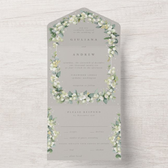 Taupe/Greige Snowberry+Eucalyptus Winter Wedding All In One Invitation (Inside)