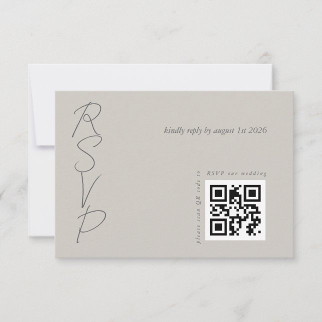 Taupe Grey Elegant Wedding QR code  RSVP Card (Front)