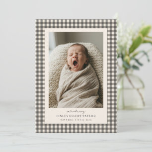 Taupe Grey Gingham Introducing Baby Photo Birth Announcement