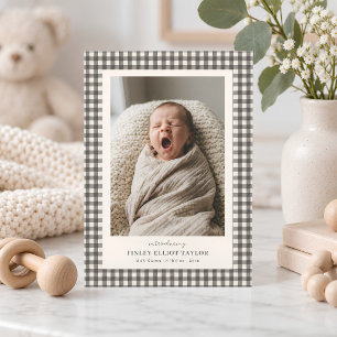 Taupe Grey Gingham Introducing Baby Photo Birth Announcement