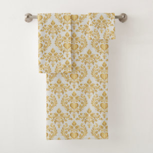 Taupe/Grey & Gold Look Damask Bathroom Towel Set