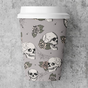 Taupe Grey Gothic Skulls and Roses Halloween Paper Cups