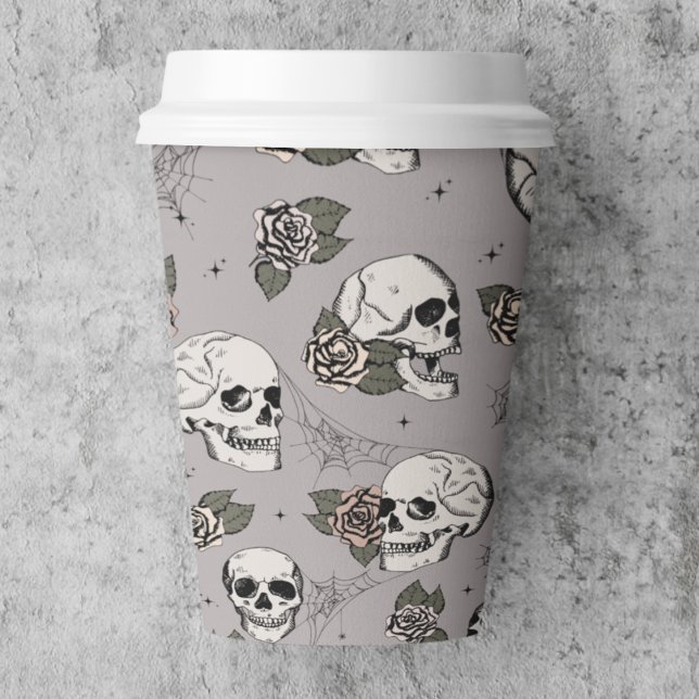 Taupe Grey Gothic Skulls and Roses Halloween Paper Cups (Taupe Gray  Gothic Skull Paper Cup. Elegant Pattern of Hand Drawn Skulls & Roses for Halloween Party)
