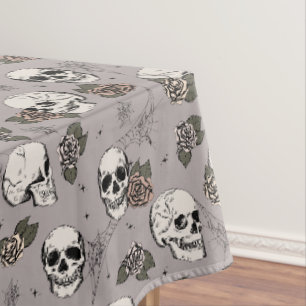 Taupe Grey Gothic Skulls and Roses Halloween Tablecloth