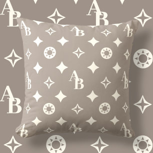 Taupe Grey + Ivory Custom Initial Monogram Pattern Cushion