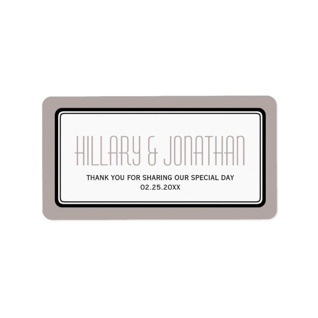 Taupe grey rectangular frame wedding favour labels (Front)