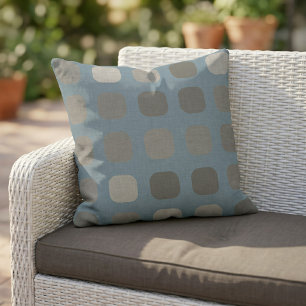 Taupe Grey Round Squares Pattern On Slate Blue Cushion