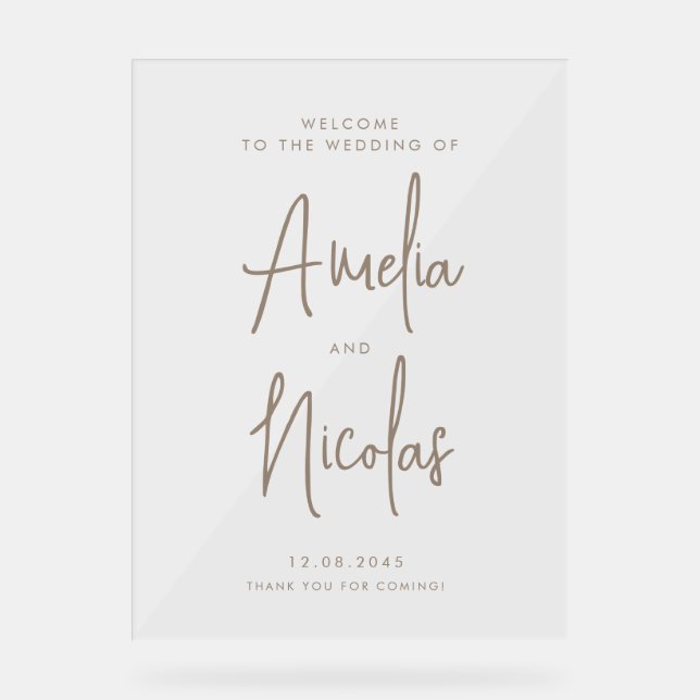 Taupe Handwritten Calligraphy Wedding Welcome Acrylic Sign (Front)