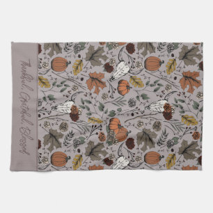 Taupe Harvest and Horns Thankful Grateful Blessed Tea Towel
