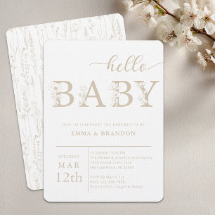 Taupe Hello Baby Wildflower Invitation