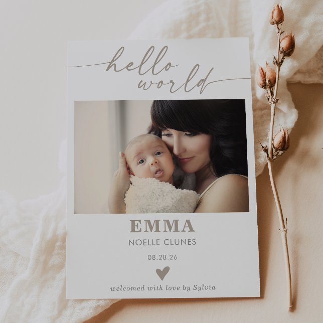Taupe Hello World Photo Baby Announcement Card (Creator Uploaded)