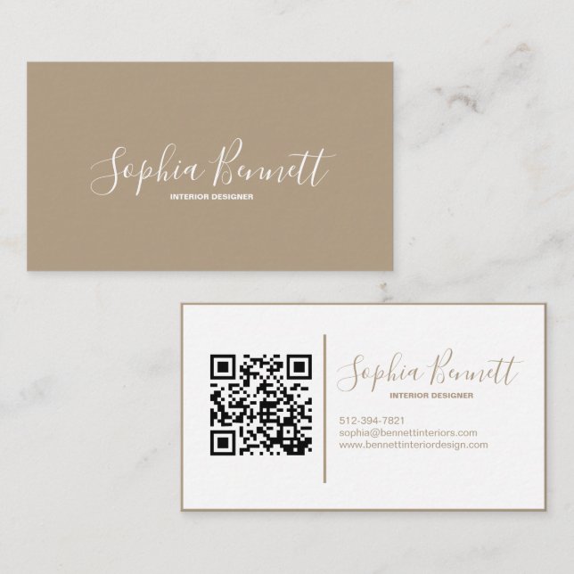 Taupe I Modern & Minimalist QR Code Business Card (Front/Back)