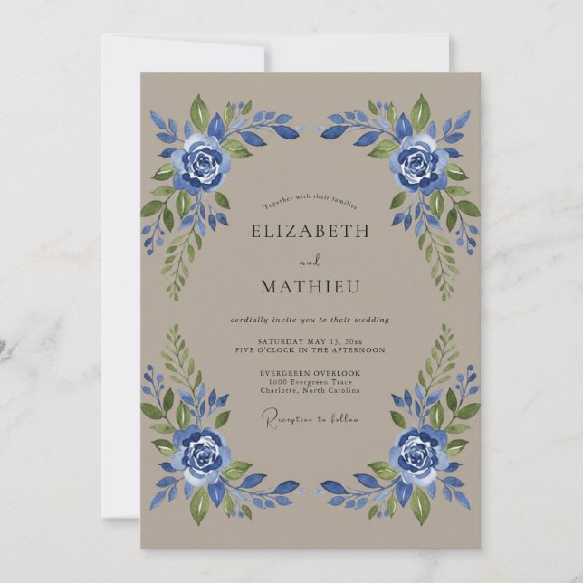 Taupe Indigo Rose Wedding Invitation (Front)