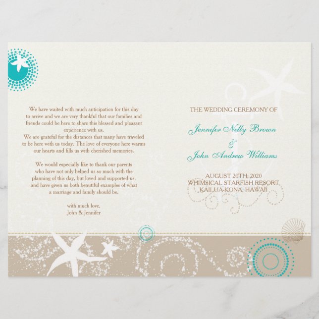 Taupe Ivory Aqua Beach Wedding Bi Fold Program (Front)