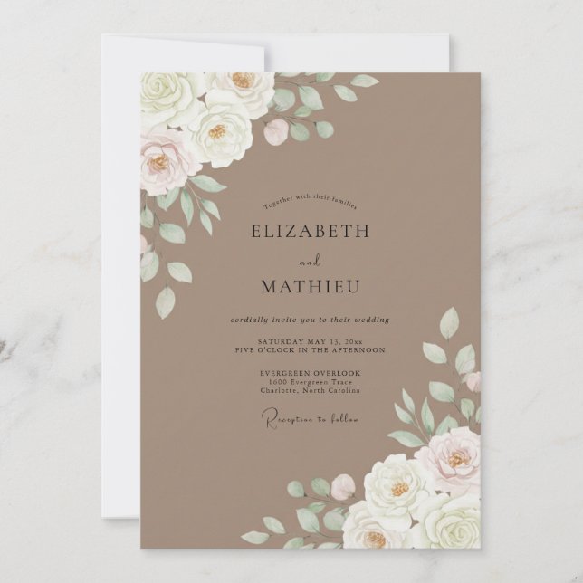 Taupe Ivory Cream Ranunculus Eucalyptus Wedding Invitation (Front)