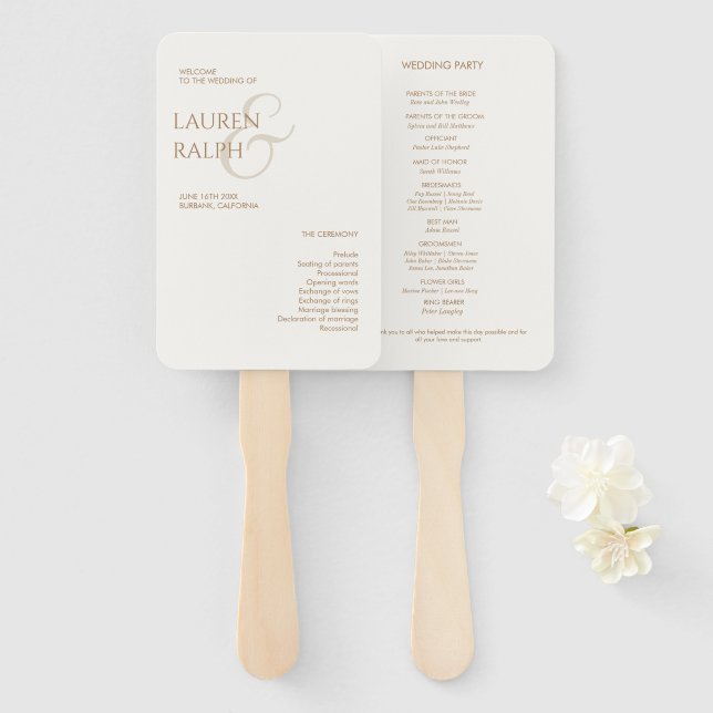 Taupe & Ivory Monogram Welcome Wedding Program Hand Fan (Front and Back)