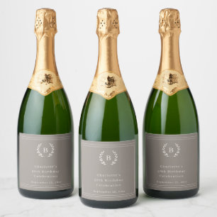 Taupe ivory monogram wreath birthday sparkling wine label