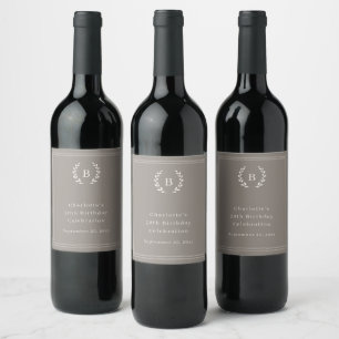 Taupe ivory monogram wreath birthday wine label