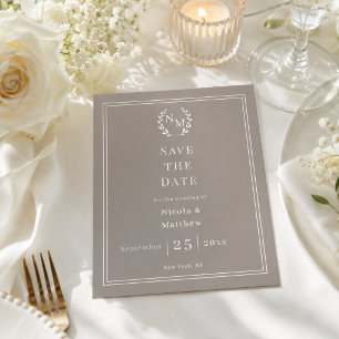 Taupe Ivory monogram wreath wedding Save the Date 