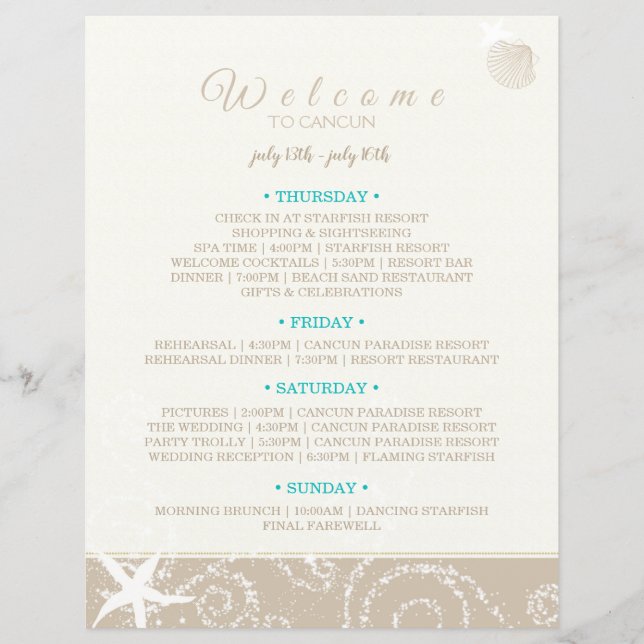 Taupe Ivory Starfish Beach Wedding Itinerary (Front)