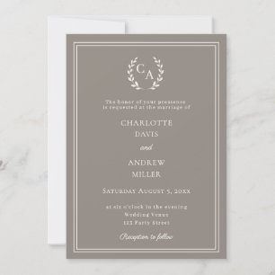 Taupe ivory wreath monogram simple wedding invitation
