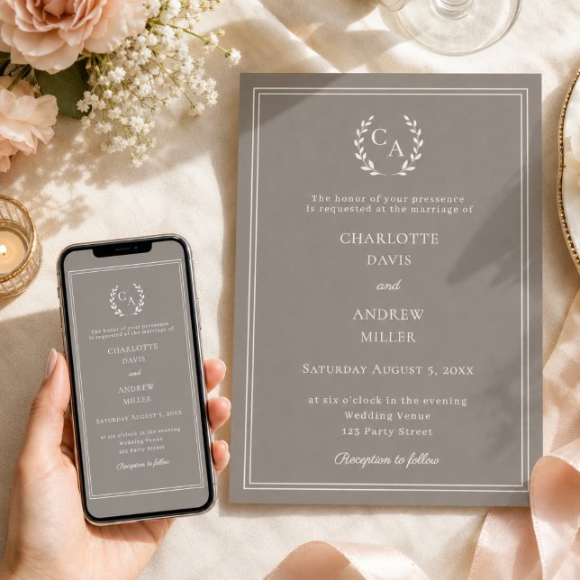 Taupe ivory wreath monogram simple wedding  invitation (Creator Uploaded)