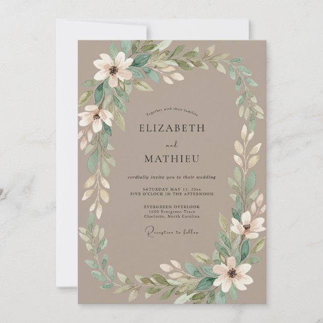 Taupe Ivory Wreath Wedding Invitation (Front)