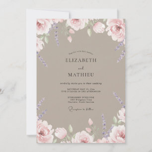 Taupe Lavender Bouquet Eucalyptus Wedding Invitation