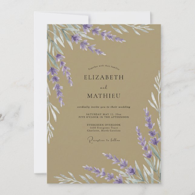 Taupe Lavender Sprig Eucalyptus Wedding Invitation (Front)