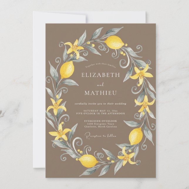 Taupe Lemon Wreath Wedding Invitation (Front)