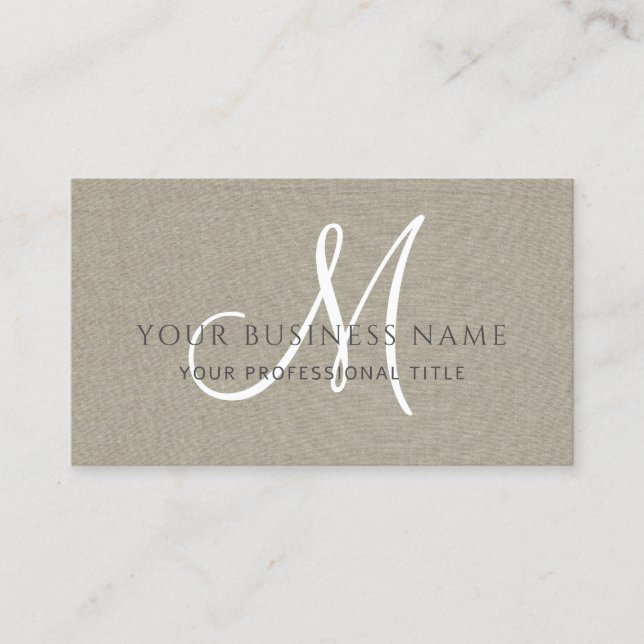 Taupe Linen Simple Minimal Monogram Business Card (Front)