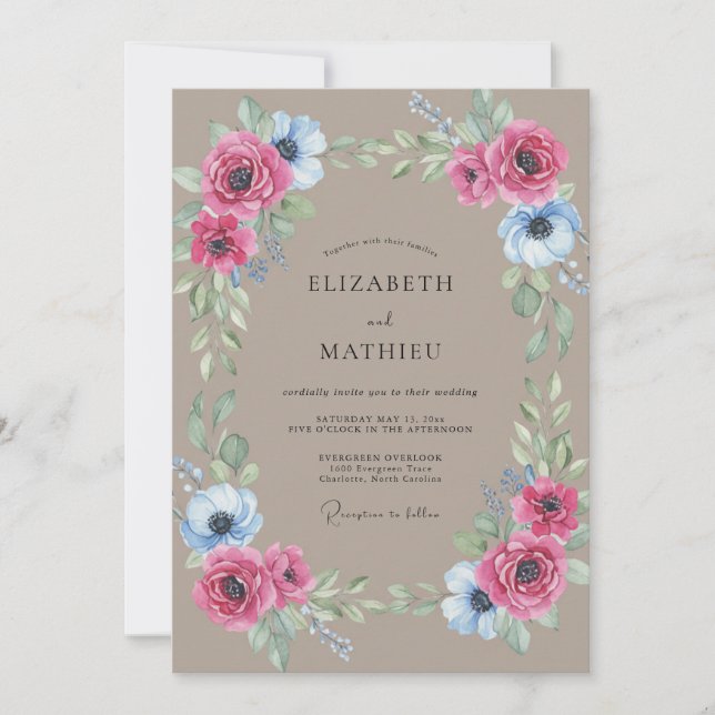 Taupe Magenta Anemone Wedding Invitation (Front)