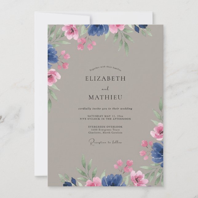 Taupe Magenta Petal Wedding Invitation (Front)