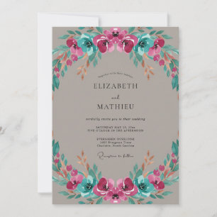 Taupe Magenta Teal Painted Wedding Invitation