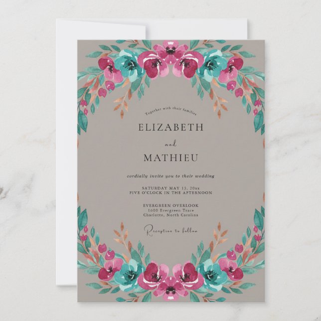 Taupe Magenta Teal Painted Wedding Invitation (Front)