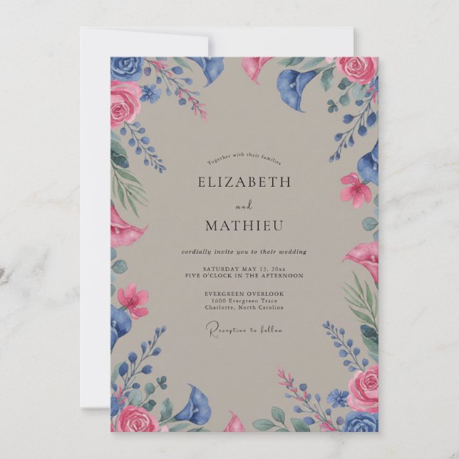 Taupe Magenta Wildflower Wedding Invitation (Front)