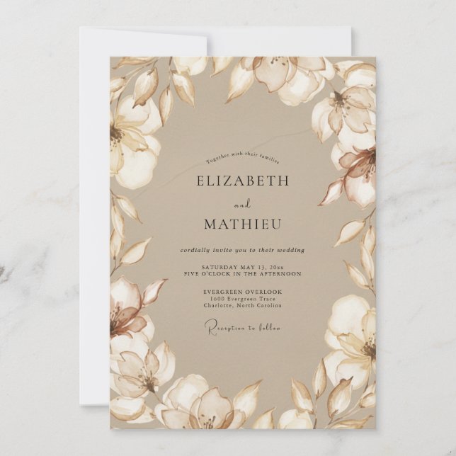 Taupe Magnolia Wedding Invitation (Front)