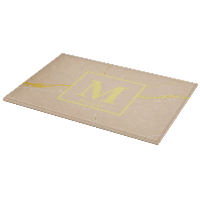 Taupe Marble with Yellow Streaks Monogram Cutting Board (Corner)