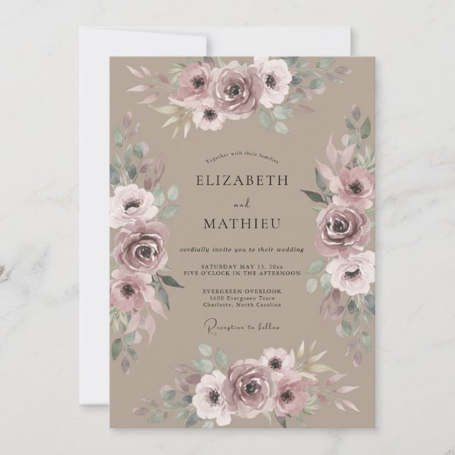 Taupe Mauve Rose Wedding Invitation (Front)