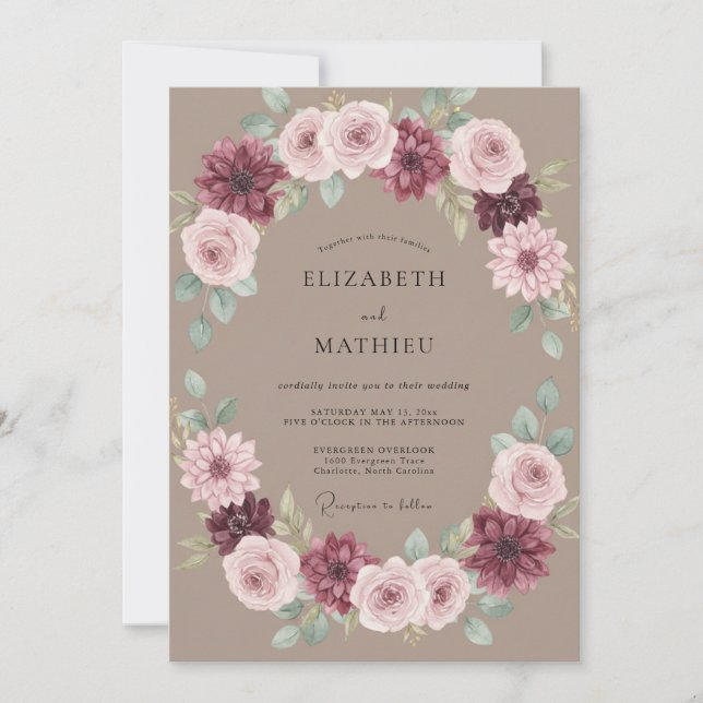 Taupe Mauve Wreath Wedding Invitation (Front)