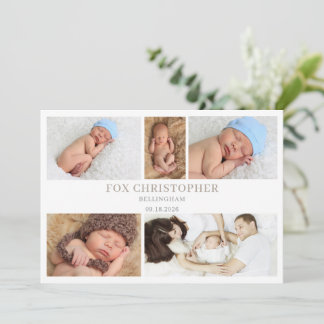 Taupe Minimal Photo Collage Baby Announcement Card
