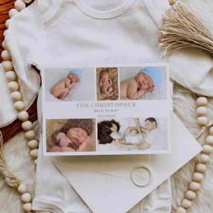 Taupe Minimal Photo Collage Baby Announcement Card