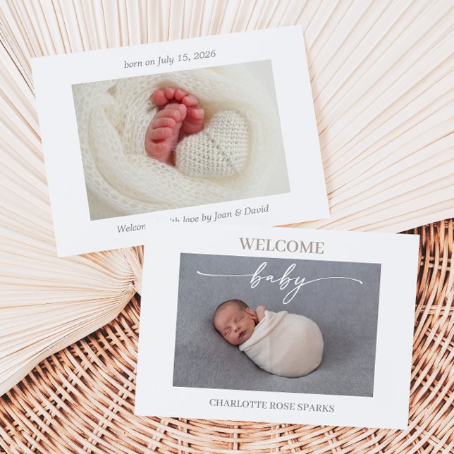 Taupe Minimal Welcome Baby Photo Announcement Card (Creator Uploaded)