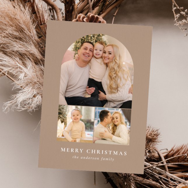 Taupe Minimalist Arch 3 Photo Holiday Card (Creator Uploaded)