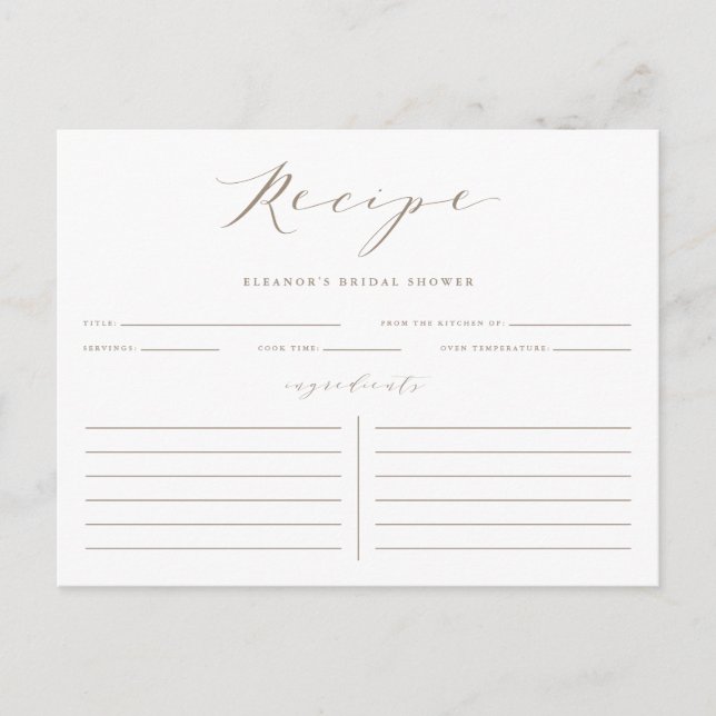 Taupe Minimalist Bridal Shower Recipe Card (Front)
